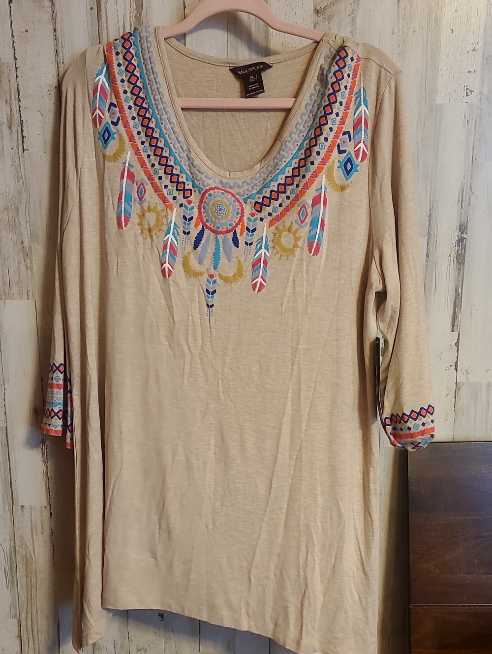 Multiples Beige Embroidered Scoop Neck Women's Top